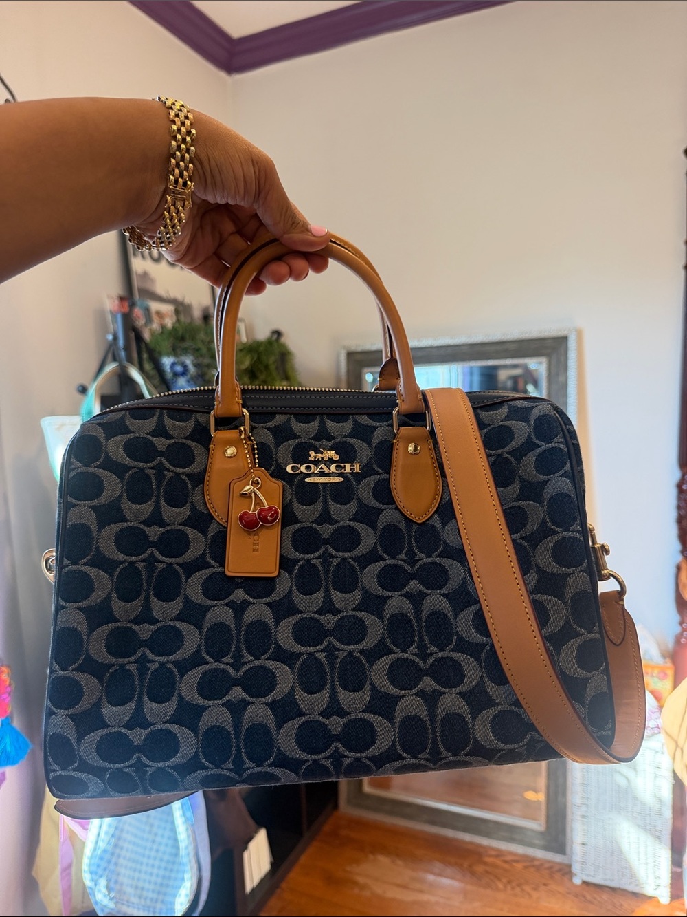 Coach Denim Signature Canvas Satchel with Tan Leather Trim and Cherry Charm